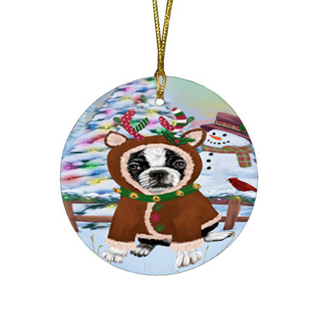 Christmas Gingerbread House Candyfest Boston Terrier Dog Round Flat Christmas Ornament RFPOR56564