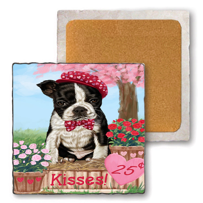 Rosie 25 Cent Kisses Boston Terrier Dog Set of 4 Natural Stone Marble Tile Coasters MCST50947