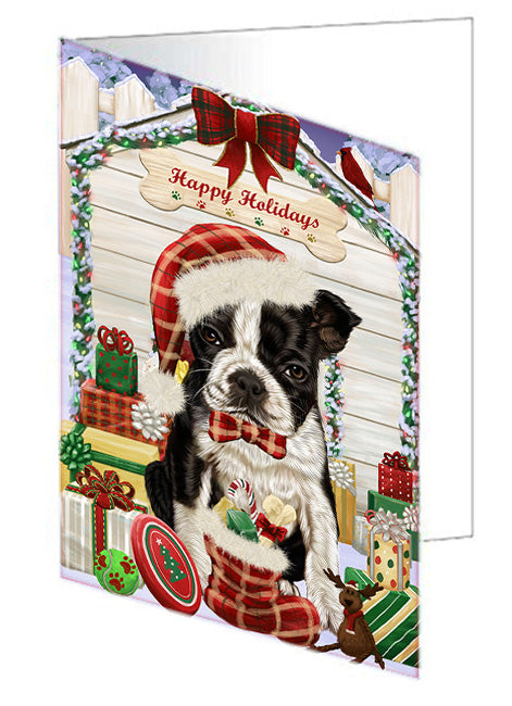 Happy Holidays Christmas Boston Terrier Dog House with Presents Handmade Artwork Assorted Pets Greeting Cards and Note Cards with Envelopes for All Occasions and Holiday Seasons GCD58091