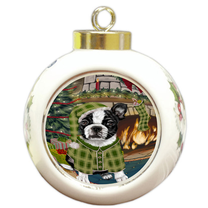 The Stocking was Hung Boston Terrier Dog Round Ball Christmas Ornament RBPOR55595