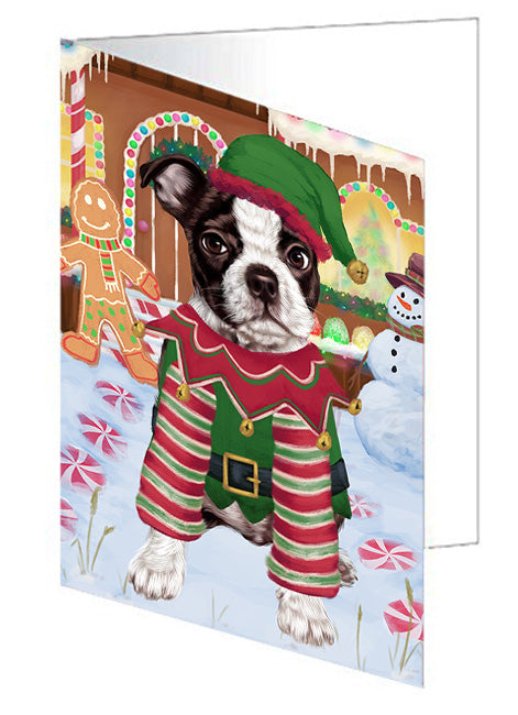 Christmas Gingerbread House Candyfest Boston Terrier Dog Handmade Artwork Assorted Pets Greeting Cards and Note Cards with Envelopes for All Occasions and Holiday Seasons GCD73142