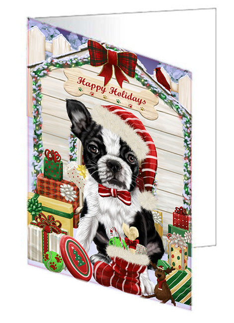 Happy Holidays Christmas Boston Terrier Dog House with Presents Handmade Artwork Assorted Pets Greeting Cards and Note Cards with Envelopes for All Occasions and Holiday Seasons GCD58094