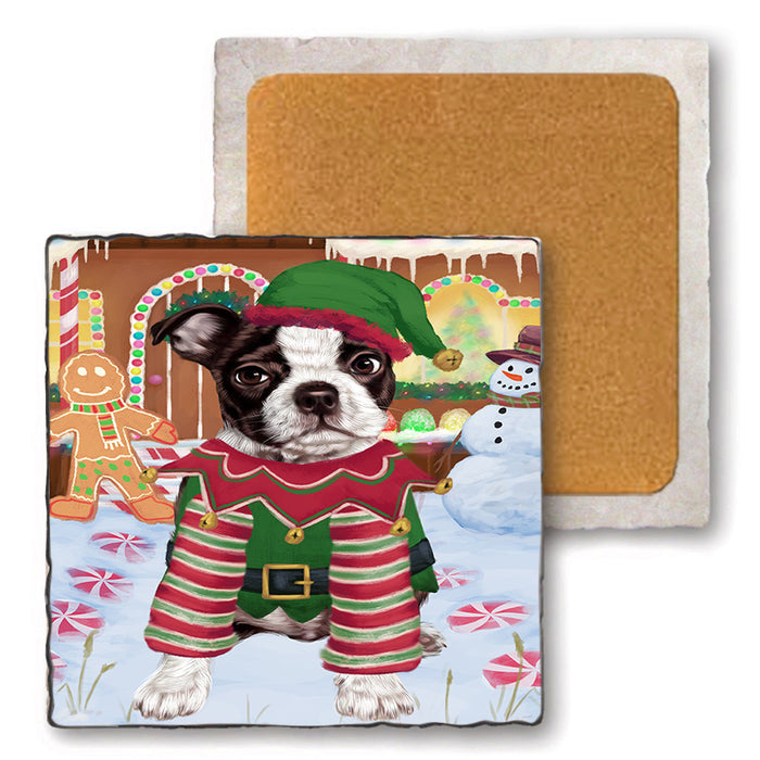 Christmas Gingerbread House Candyfest Boston Terrier Dog Set of 4 Natural Stone Marble Tile Coasters MCST51209
