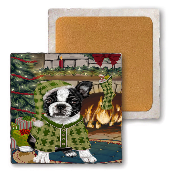 The Stocking was Hung Boston Terrier Dog Set of 4 Natural Stone Marble Tile Coasters MCST50239