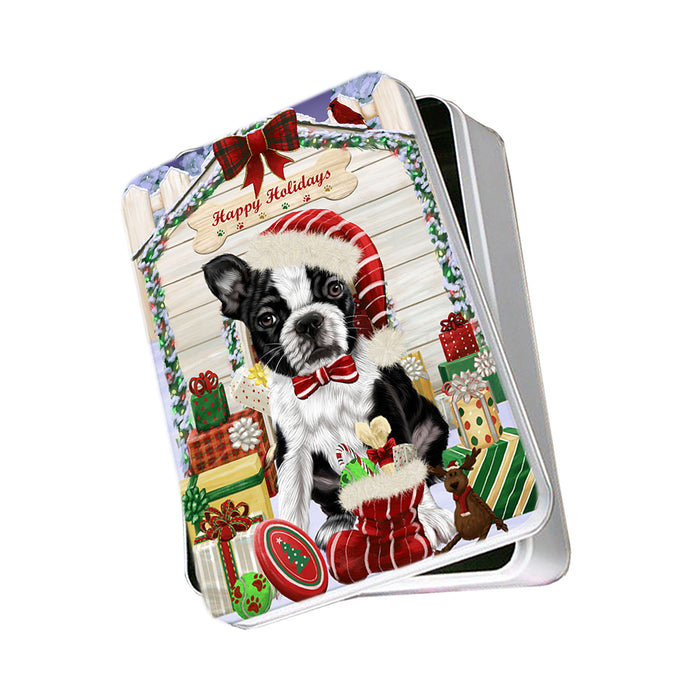 Happy Holidays Christmas Boston Terrier Dog House with Presents Photo Storage Tin PITN51355