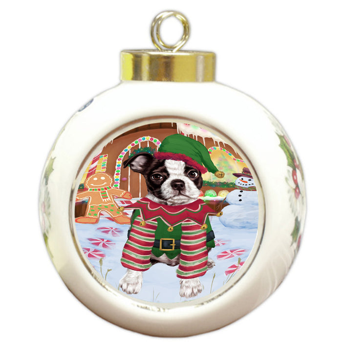 Christmas Gingerbread House Candyfest Boston Terrier Dog Round Ball Christmas Ornament RBPOR56565