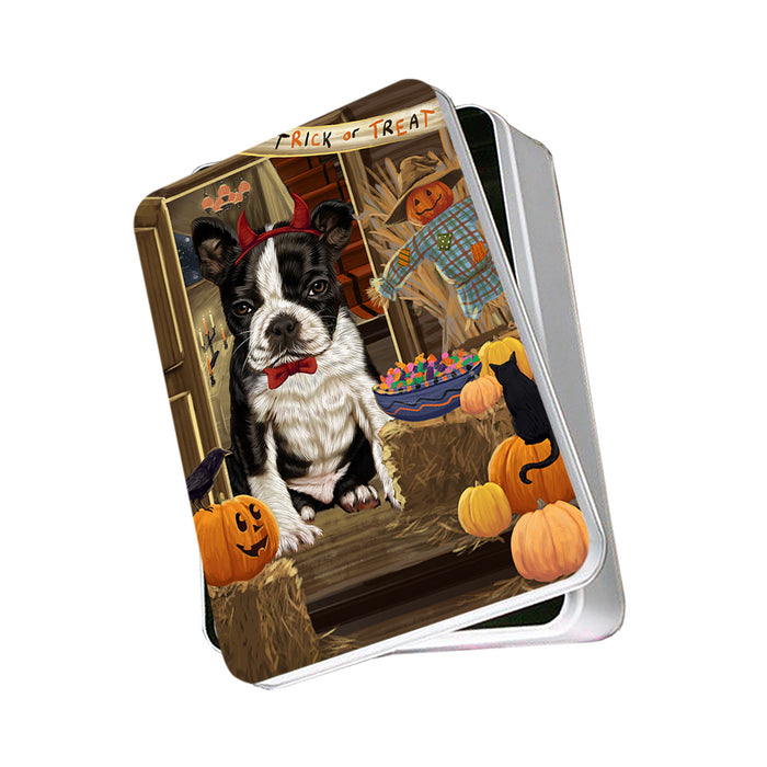 Enter at Own Risk Trick or Treat Halloween Boston Terrier Dog Photo Storage Tin PITN53037