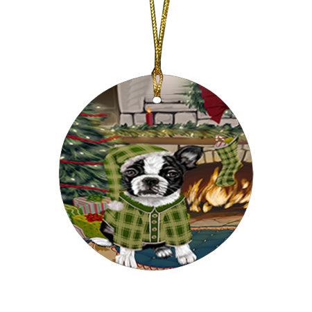 The Stocking was Hung Boston Terrier Dog Round Flat Christmas Ornament RFPOR55595