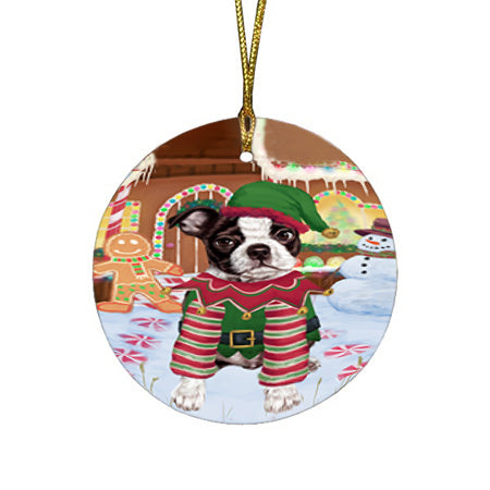 Christmas Gingerbread House Candyfest Boston Terrier Dog Round Flat Christmas Ornament RFPOR56565