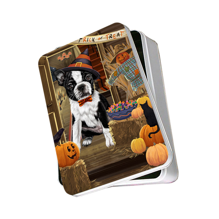 Enter at Own Risk Trick or Treat Halloween Boston Terrier Dog Photo Storage Tin PITN53038