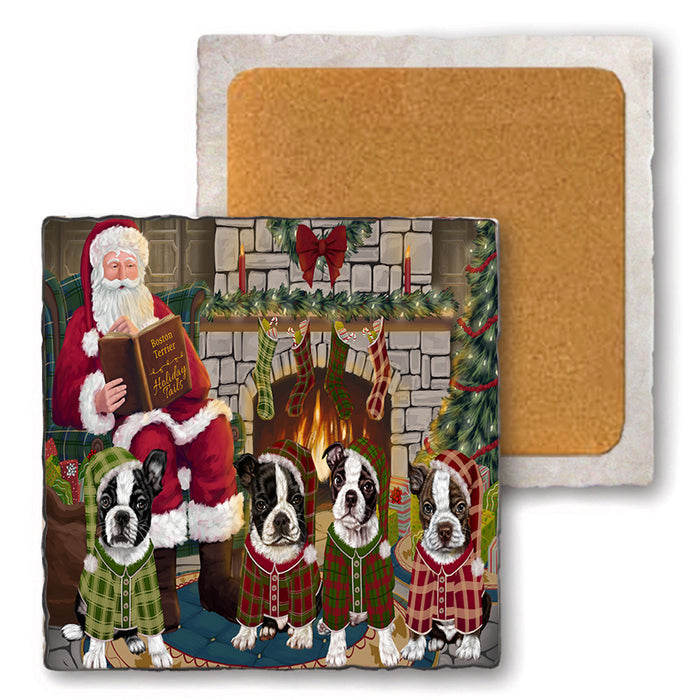Christmas Cozy Holiday Tails Boston Terriers Dog Set of 4 Natural Stone Marble Tile Coasters MCST50107