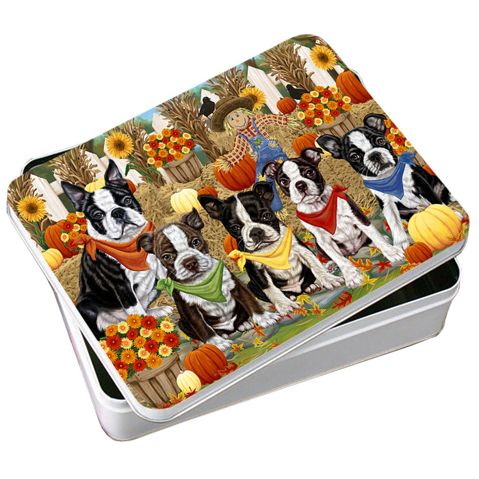 Fall Festive Gathering Boston Terriers Dog with Pumpkins Photo Storage Tin PITN50628