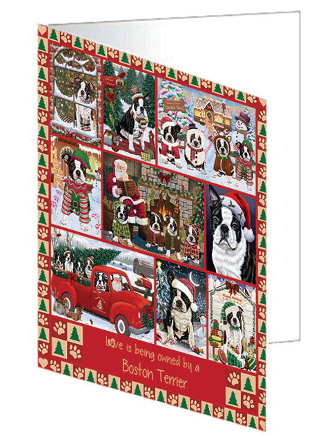 Love is Being Owned Christmas Boston Terrier Dogs Handmade Artwork Assorted Pets Greeting Cards and Note Cards with Envelopes for All Occasions and Holiday Seasons GCD78848