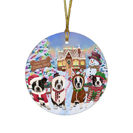 Holiday Gingerbread Cookie Shop Boston Terriers Dog Round Flat Christmas Ornament RFPOR56739