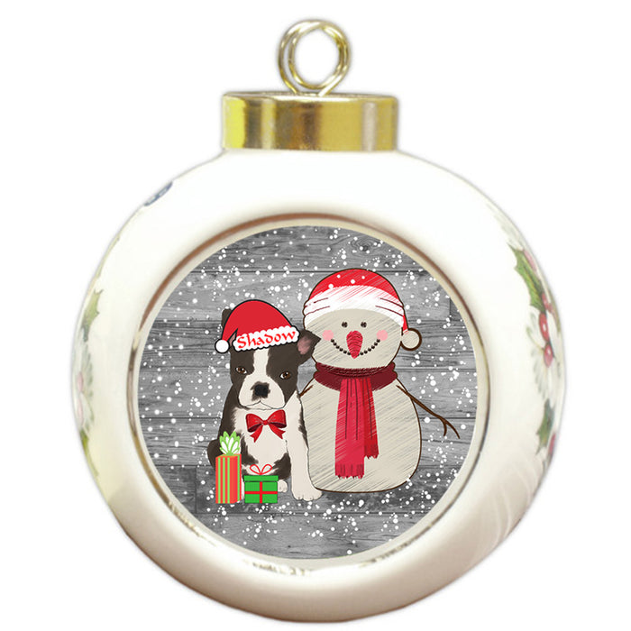 Custom Personalized Snowy Snowman and Boston Terrier Dog Christmas Round Ball Ornament