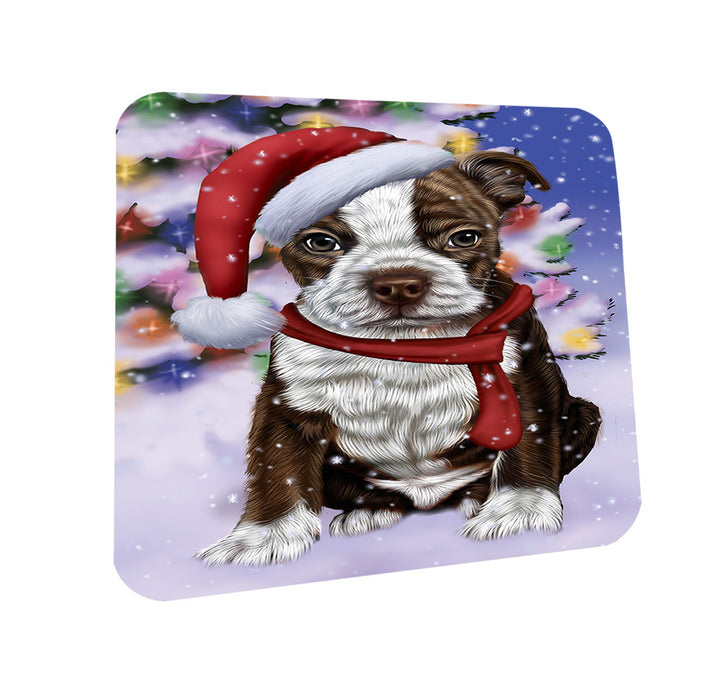 Winterland Wonderland Boston Terrier Dog In Christmas Holiday Scenic Background  Coasters Set of 4 CST53324