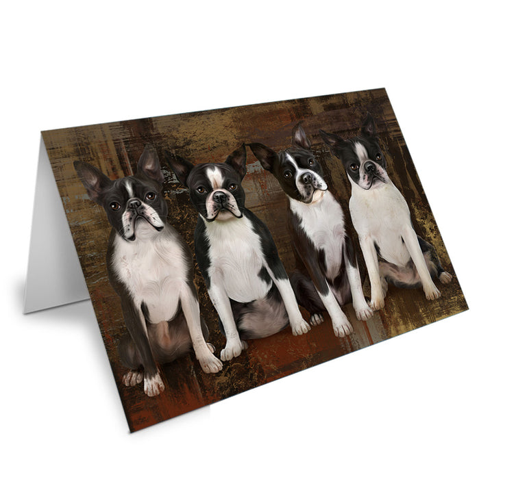 Rustic 4 Boston Terriers Dog Handmade Artwork Assorted Pets Greeting Cards and Note Cards with Envelopes for All Occasions and Holiday Seasons GCD55550