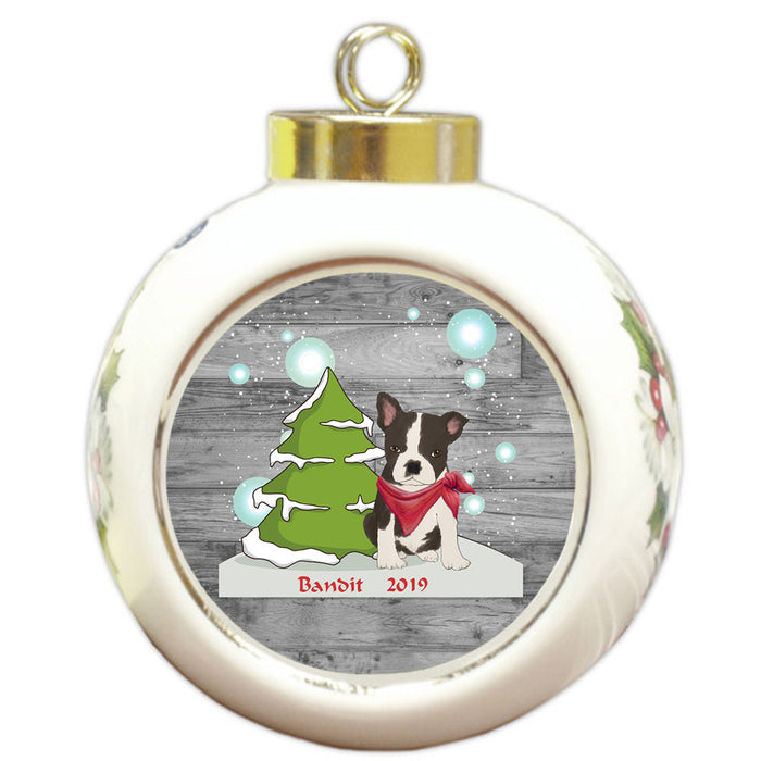 Custom Personalized Winter Scenic Tree and Presents Boston Terrier Dog Christmas Round Ball Ornament