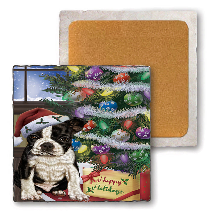 Christmas Happy Holidays Boston Terrier Dog with Tree and Presents Set of 4 Natural Stone Marble Tile Coasters MCST48805