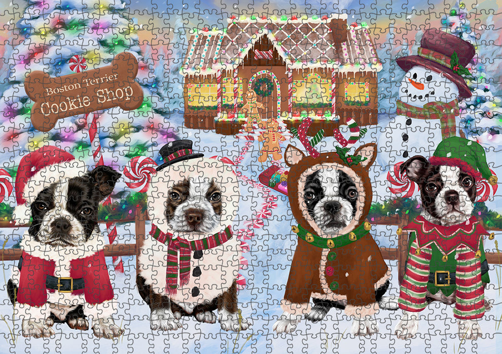Holiday Gingerbread Cookie Shop Boston Terriers Dog Puzzle with Photo Tin PUZL93732