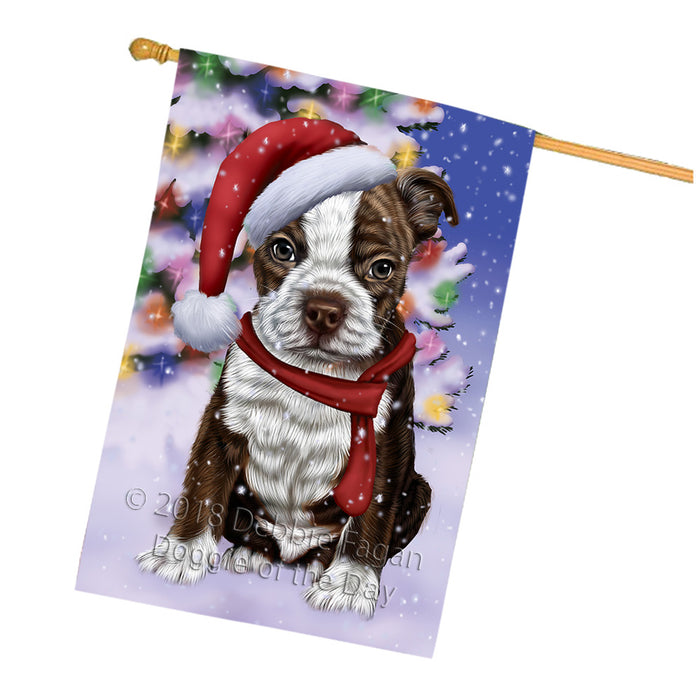 Winterland Wonderland Boston Terrier Dog In Christmas Holiday Scenic Background  House Flag FLG53564