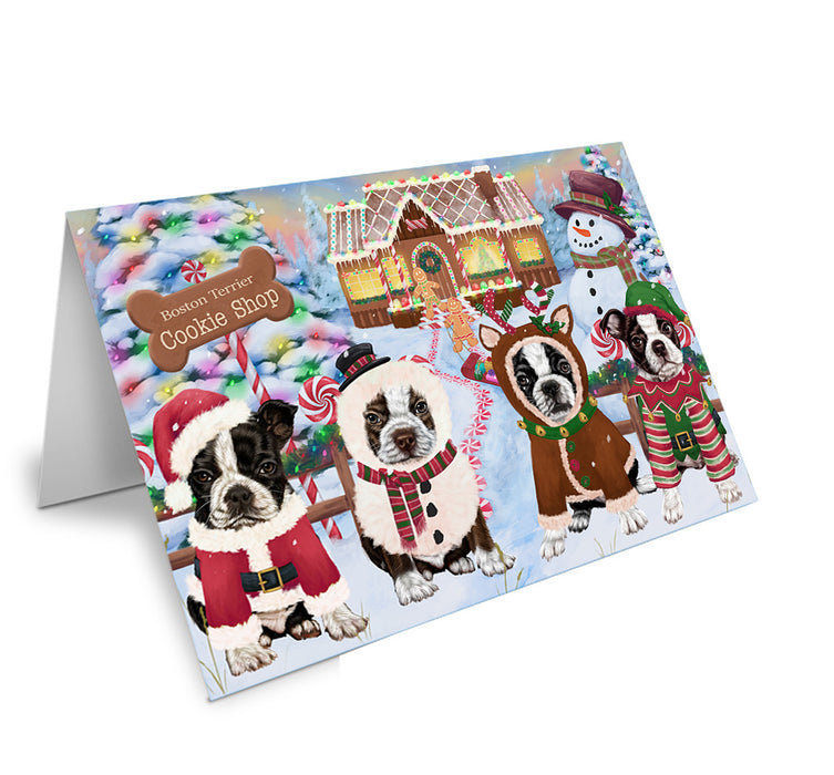 Holiday Gingerbread Cookie Shop Boston Terriers Dog Handmade Artwork Assorted Pets Greeting Cards and Note Cards with Envelopes for All Occasions and Holiday Seasons GCD73664