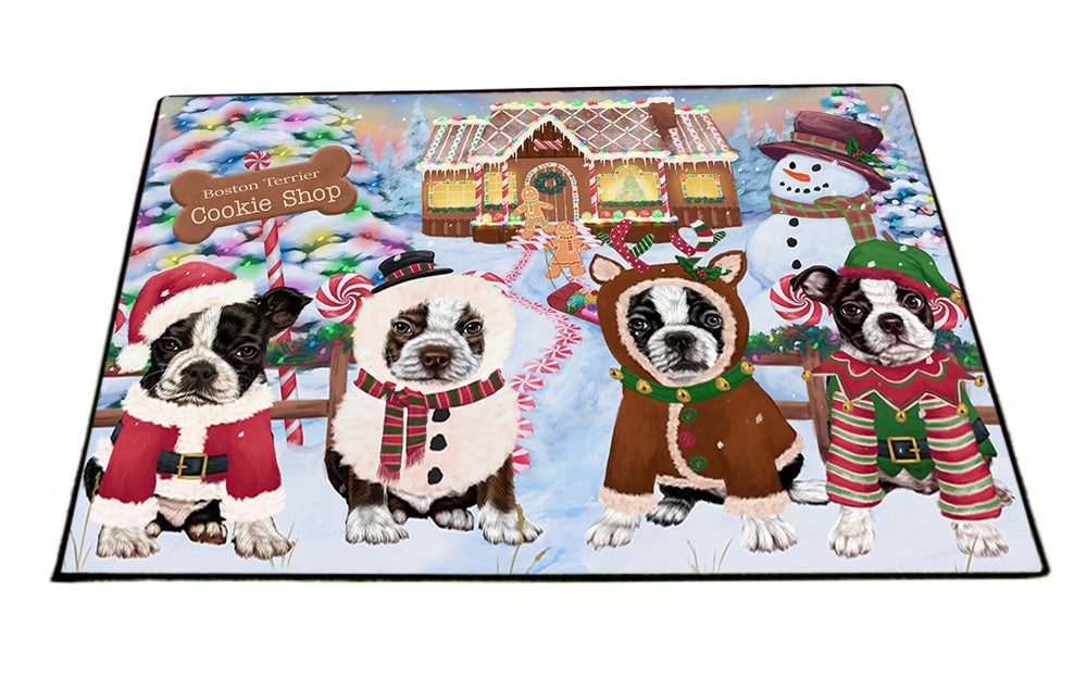 Holiday Gingerbread Cookie Shop Boston Terriers Dog Floormat FLMS53196