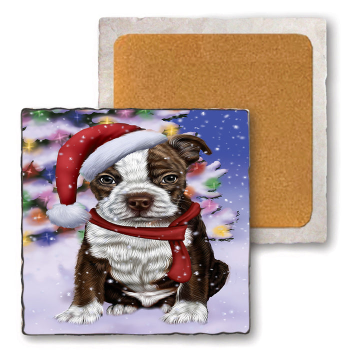 Winterland Wonderland Boston Terrier Dog In Christmas Holiday Scenic Background  Set of 4 Natural Stone Marble Tile Coasters MCST48366