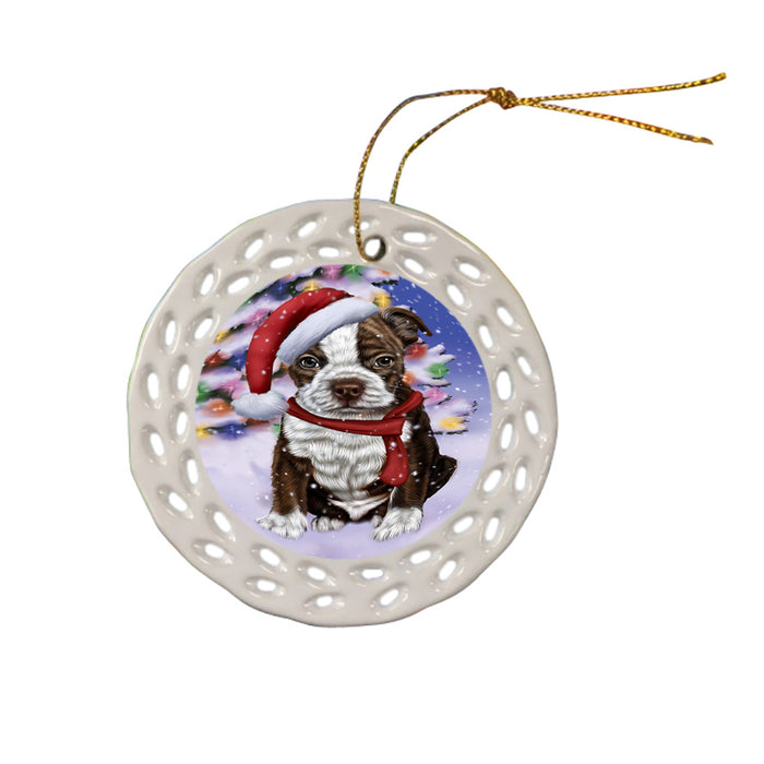 Winterland Wonderland Boston Terrier Dog In Christmas Holiday Scenic Background  Ceramic Doily Ornament DPOR53366