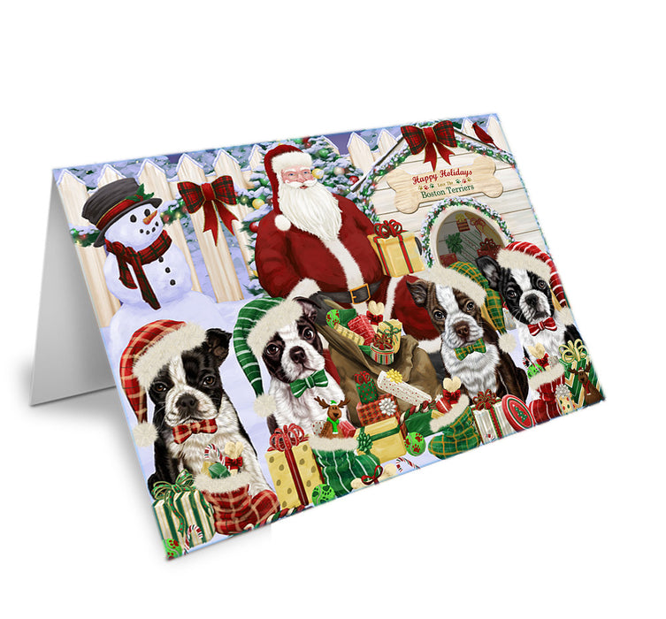 Happy Holidays Christmas Boston Terriers Dog House Gathering Handmade Artwork Assorted Pets Greeting Cards and Note Cards with Envelopes for All Occasions and Holiday Seasons GCD57881