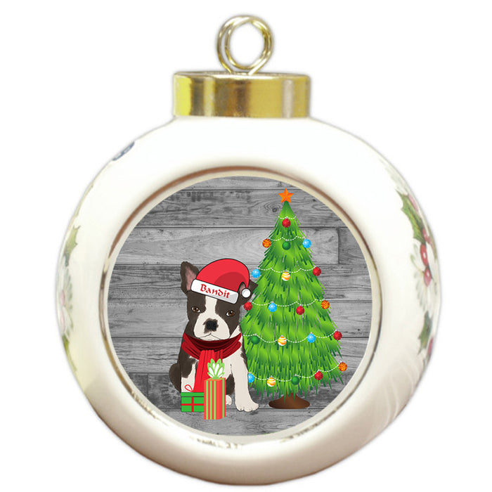 Custom Personalized Boston Terrier Dog With Tree and Presents Christmas Round Ball Ornament