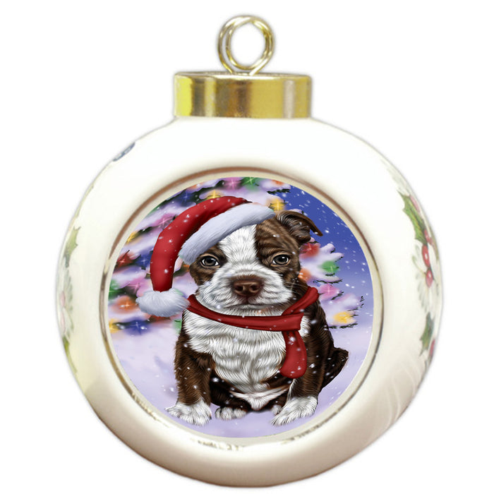 Winterland Wonderland Boston Terrier Dog In Christmas Holiday Scenic Background  Round Ball Christmas Ornament RBPOR53366