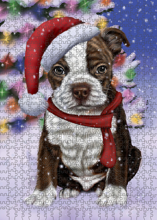 Winterland Wonderland Boston Terrier Dog In Christmas Holiday Scenic Background Puzzle with Photo Tin PUZL80620