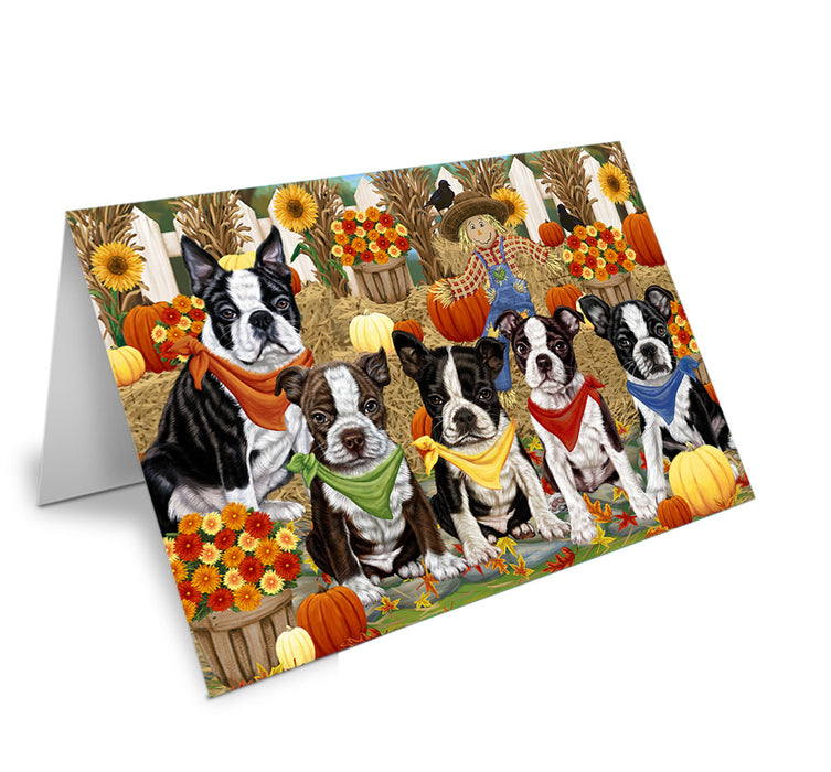 Fall Festive Gathering Boston Terriers Dog with Pumpkins Handmade Artwork Assorted Pets Greeting Cards and Note Cards with Envelopes for All Occasions and Holiday Seasons GCD55913
