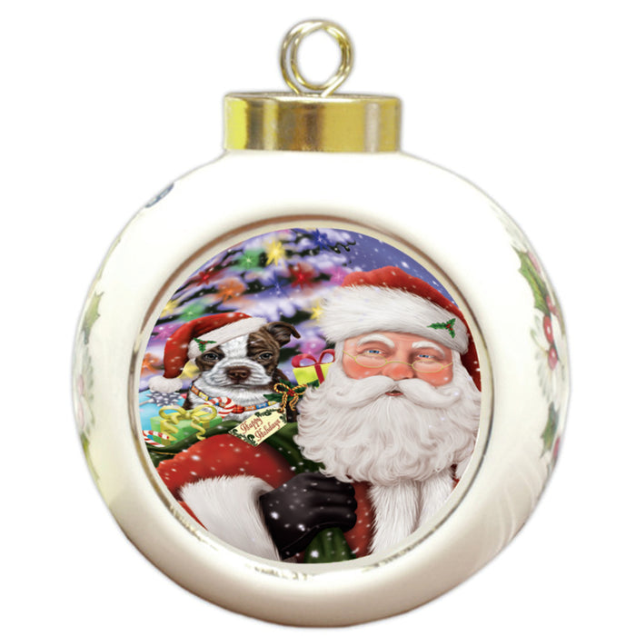 Santa Carrying Boston Terrier Dog and Christmas Presents Round Ball Christmas Ornament RBPOR53964