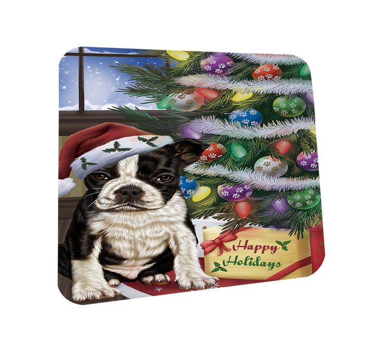 Christmas Happy Holidays Boston Terrier Dog with Tree and Presents Coasters Set of 4 CST53763