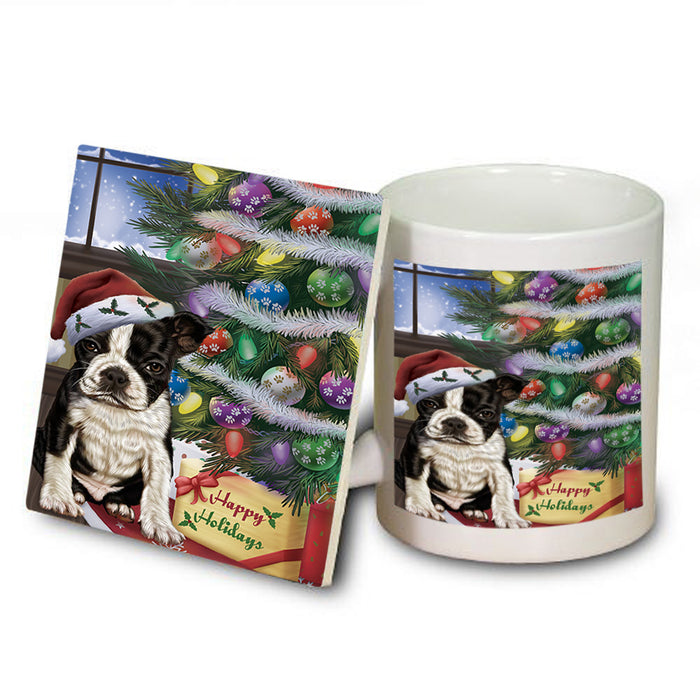 Christmas Happy Holidays Boston Terrier Dog with Tree and Presents Mug and Coaster Set MUC53797