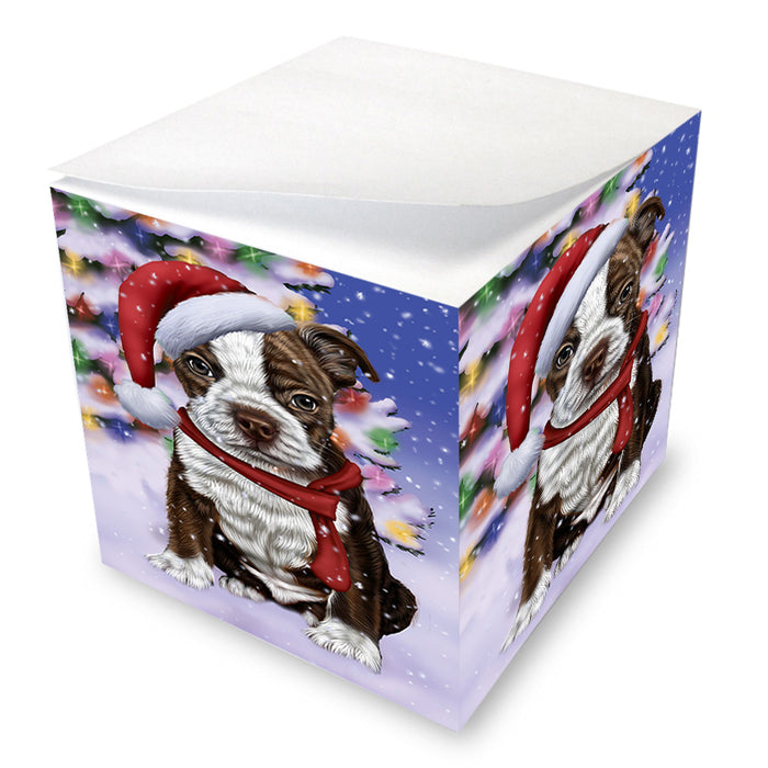 Winterland Wonderland Boston Terrier Dog In Christmas Holiday Scenic Background Note Cube NOC53366