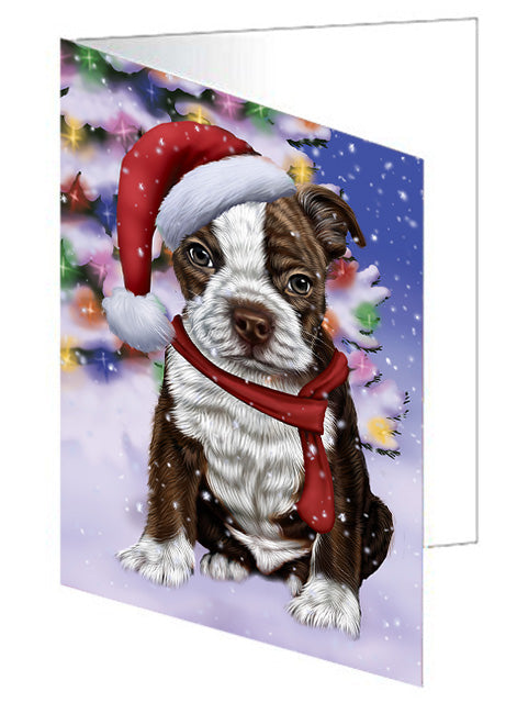 Winterland Wonderland Boston Terrier Dog In Christmas Holiday Scenic Background  Handmade Artwork Assorted Pets Greeting Cards and Note Cards with Envelopes for All Occasions and Holiday Seasons GCD64127