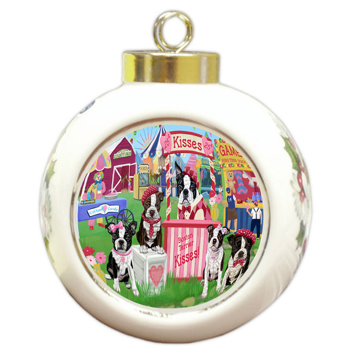 Carnival Kissing Booth Boston Terriers Dog Round Ball Christmas Ornament RBPOR56254