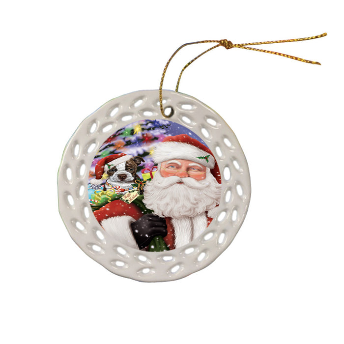 Santa Carrying Boston Terrier Dog and Christmas Presents Ceramic Doily Ornament DPOR53964
