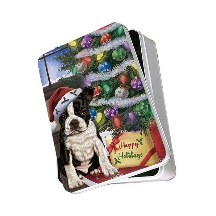 Christmas Happy Holidays Boston Terrier Dog with Tree and Presents Photo Storage Tin PITN53748