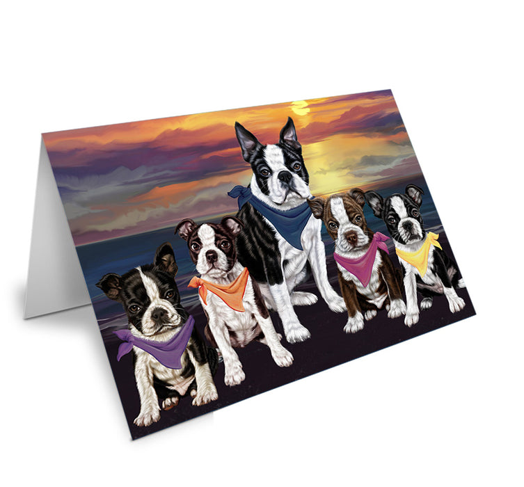 Family Sunset Portrait Boston Terriers Dog Handmade Artwork Assorted Pets Greeting Cards and Note Cards with Envelopes for All Occasions and Holiday Seasons GCD54749