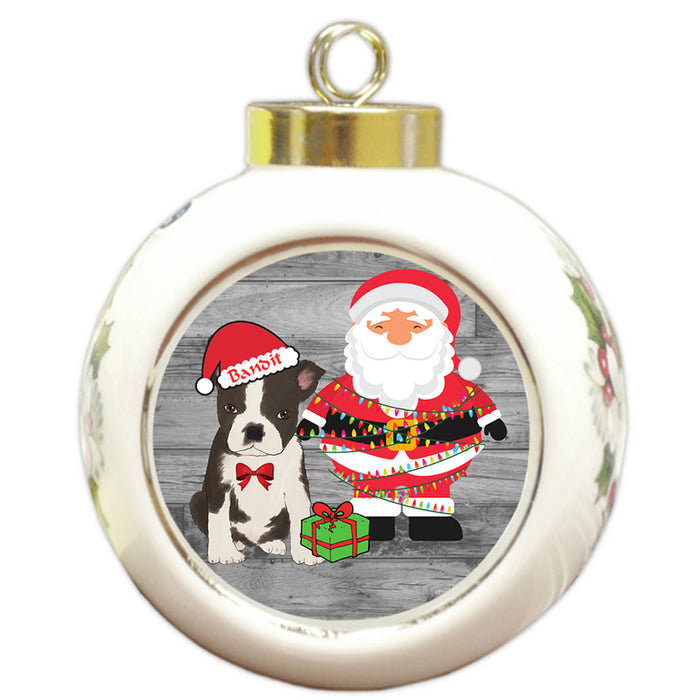 Custom Personalized Boston Terrier Dog With Santa Wrapped in Light Christmas Round Ball Ornament