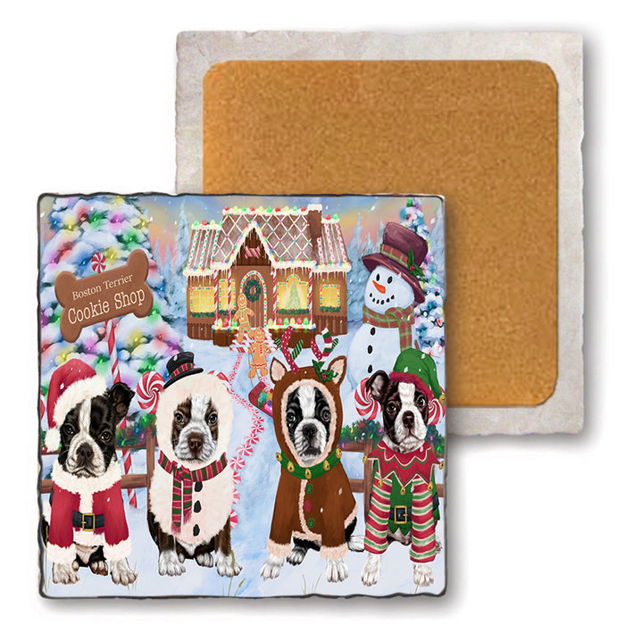 Holiday Gingerbread Cookie Shop Boston Terriers Dog Set of 4 Natural Stone Marble Tile Coasters MCST51383