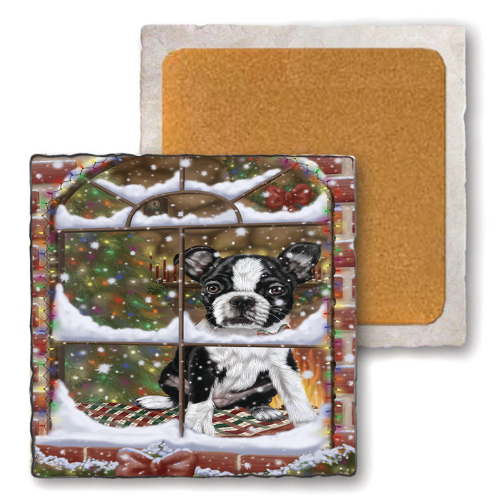 Please Come Home For Christmas Boston Terrier Dog Sitting In Window Set of 4 Natural Stone Marble Tile Coasters MCST48938