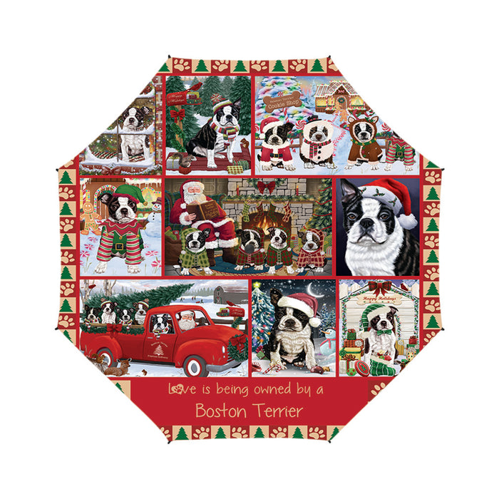 Love is Being Owned Christmas Boston Terrier Dogs Semi-Automatic Foldable Umbrella
