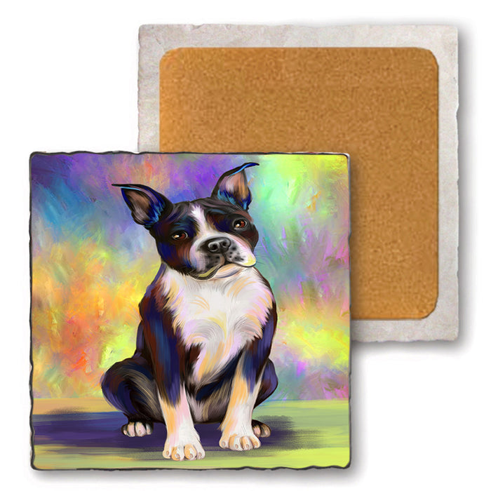 Pardise Wave Boston Terrier Dog Set of 4 Natural Stone Marble Tile Coasters MCST48597