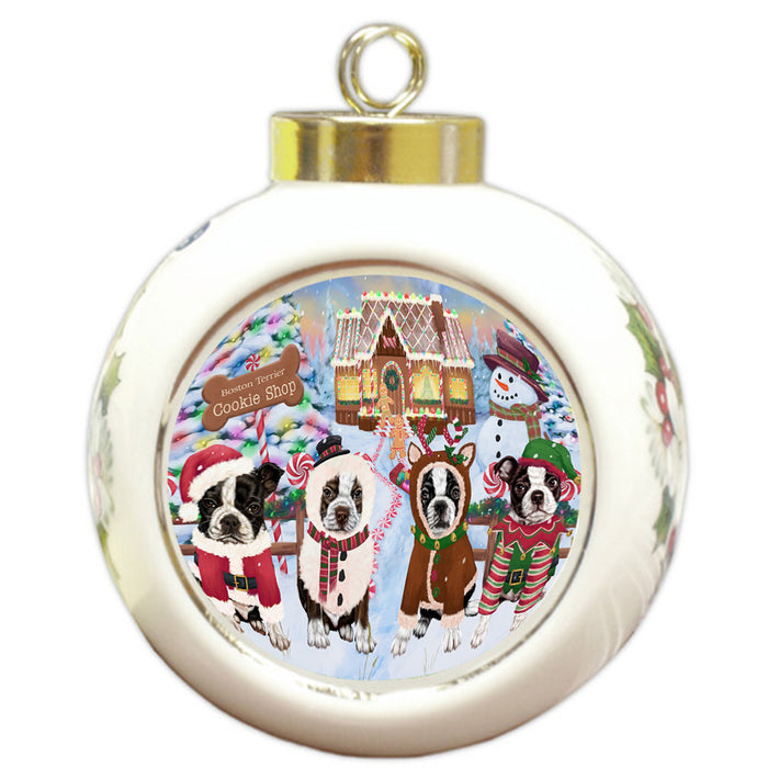 Holiday Gingerbread Cookie Shop Boston Terriers Dog Round Ball Christmas Ornament RBPOR56739