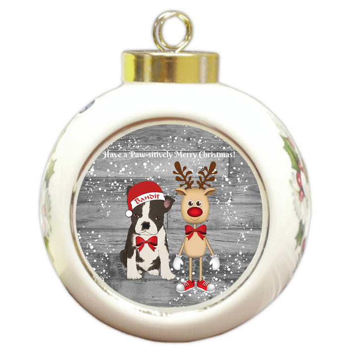 Custom Personalized Boston Terrier Dog Reindeer and Pooch Christmas Round Ball Ornament